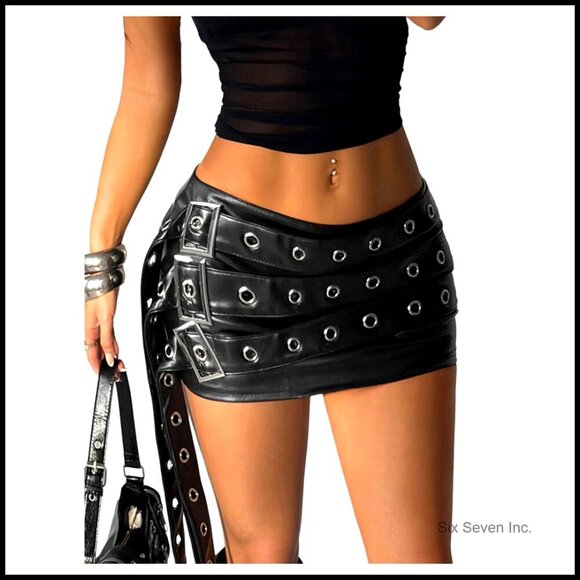 Dresses & Skirts - PU Leather Bodycon Mini Skirt with Buckle Grommet Eyelet Summer Party